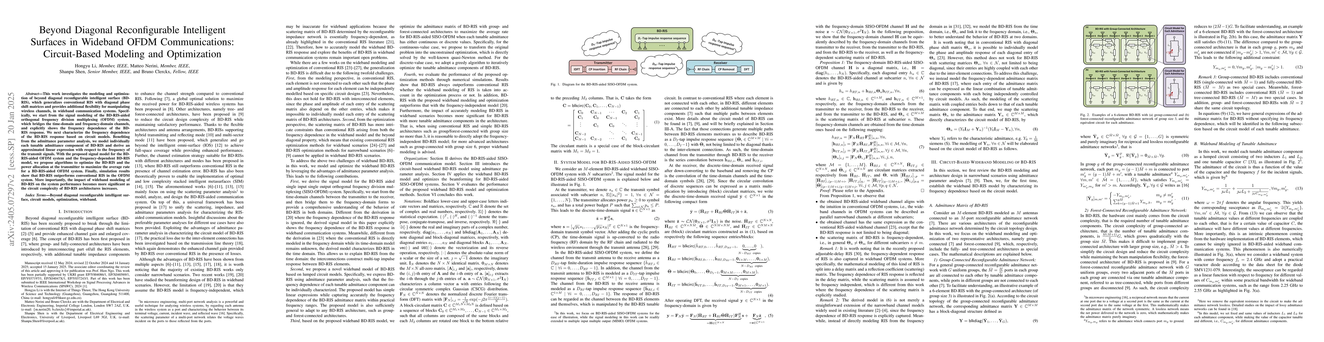 Thumbnail for Beyond Diagonal Reconfigurable Intelligent Surfaces in Wideband OFDM
  Communications: Circuit-Based Modeling and Optimization