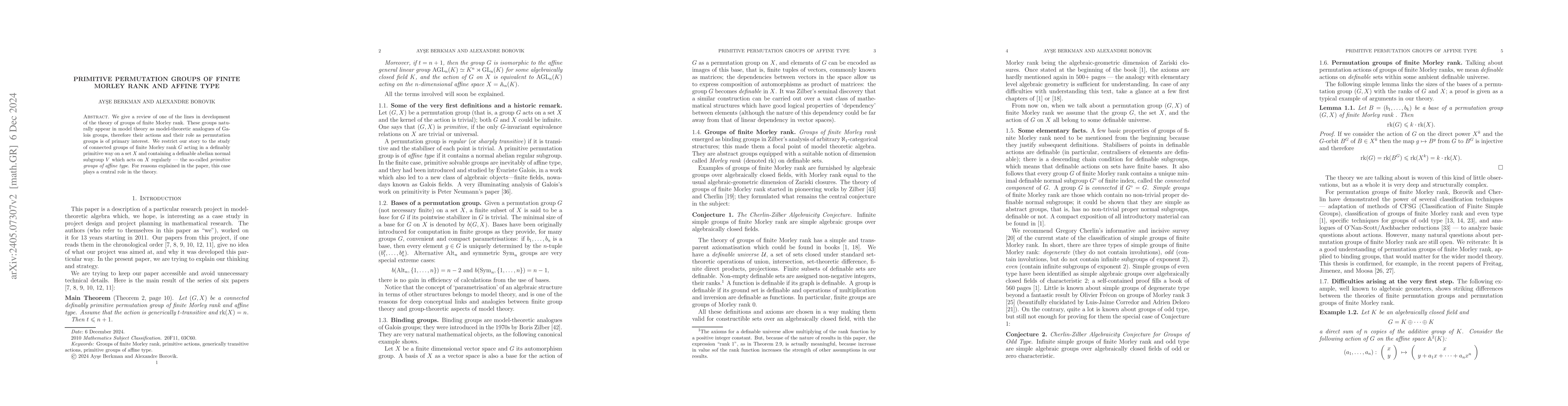Thumbnail for Primitive permutation groups of finite Morley rank and affine type