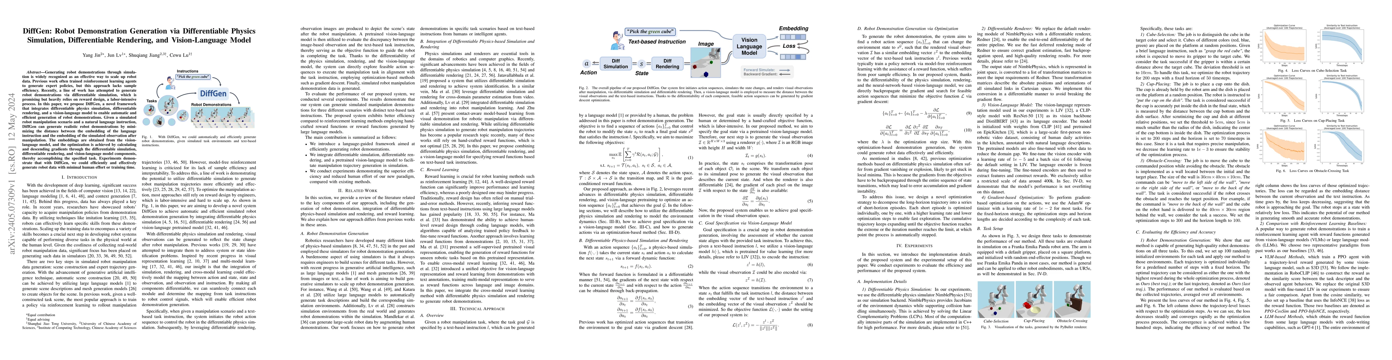 Thumbnail for DiffGen: Robot Demonstration Generation via Differentiable Physics
  Simulation, Differentiable Rendering, and Vision-Language Model