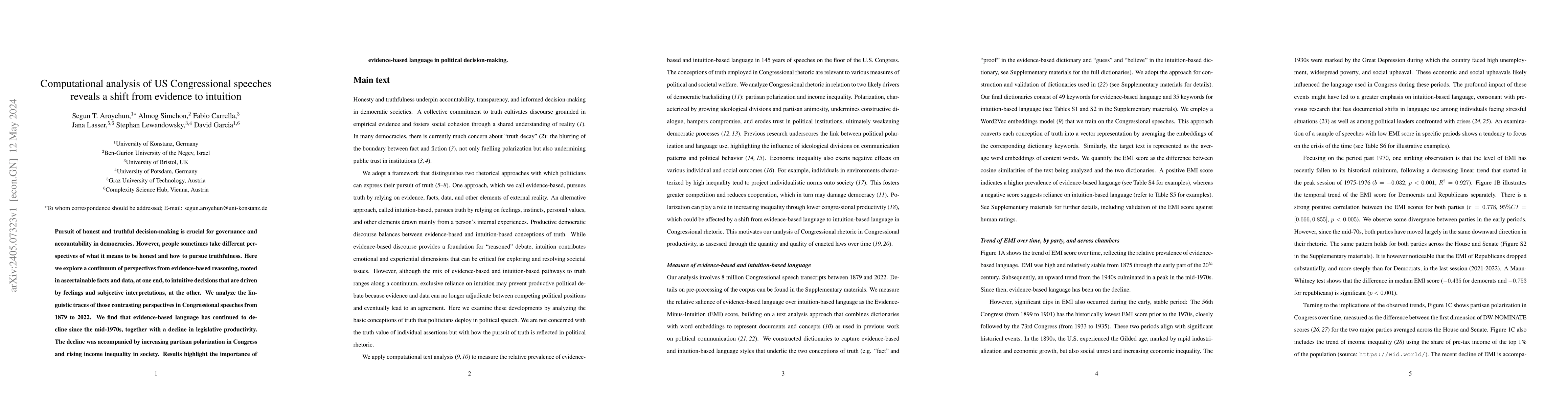 Thumbnail for Computational analysis of US Congressional speeches reveals a shift from
  evidence to intuition