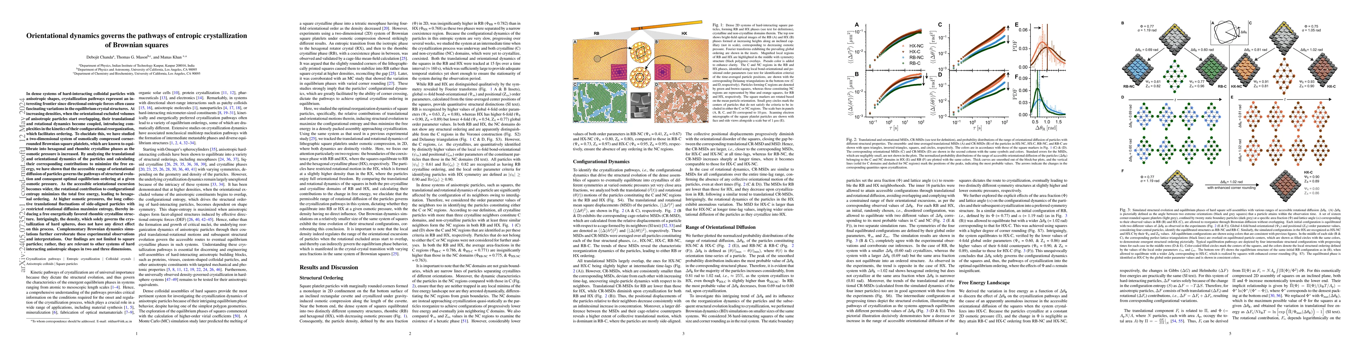 Thumbnail for Orientational dynamics governs the pathways of entropic crystallization
  of Brownian squares