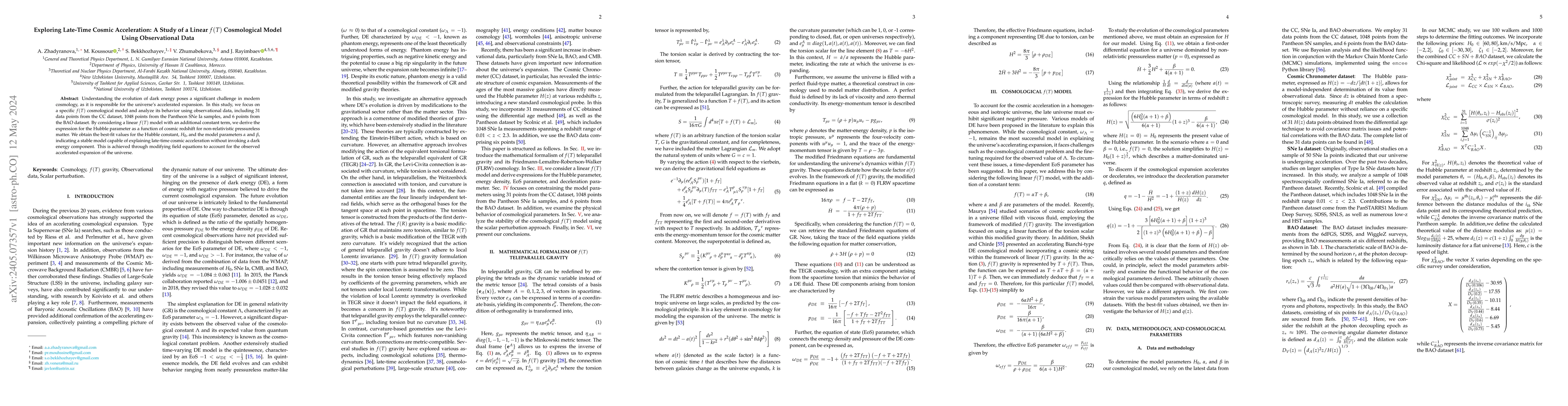 Thumbnail for Exploring late-time cosmic acceleration: A study of a linear $f(T)$
  cosmological model using observational data