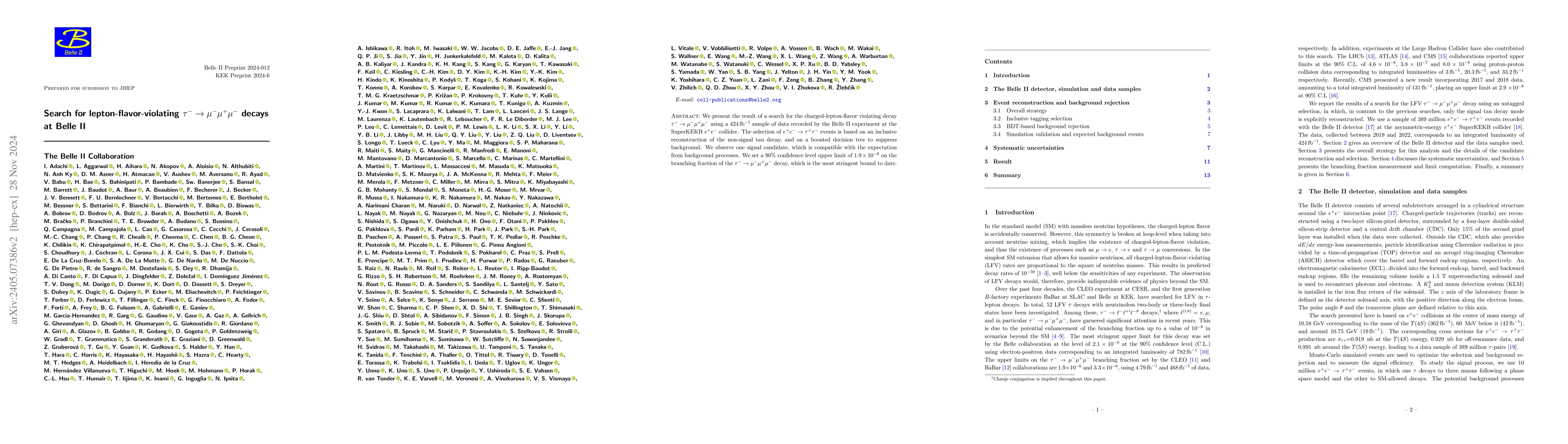 Thumbnail for Search for lepton-flavor-violating $\tau^- \to \mu^-\mu^+\mu^-$ decays
  at Belle II