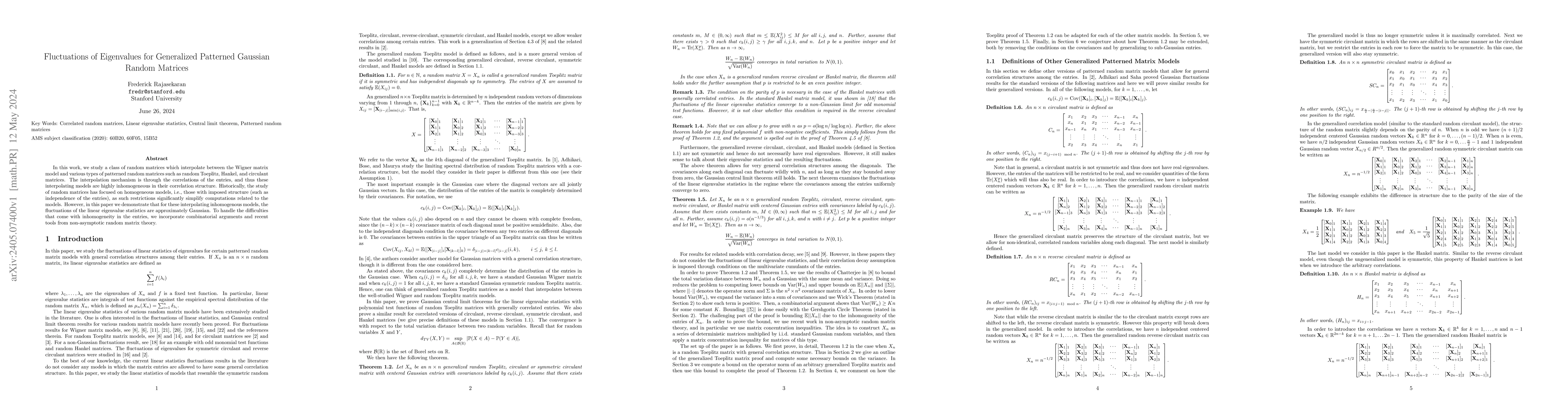 Thumbnail for Fluctuations of Eigenvalues for Generalized Patterned Gaussian Random
  Matrices