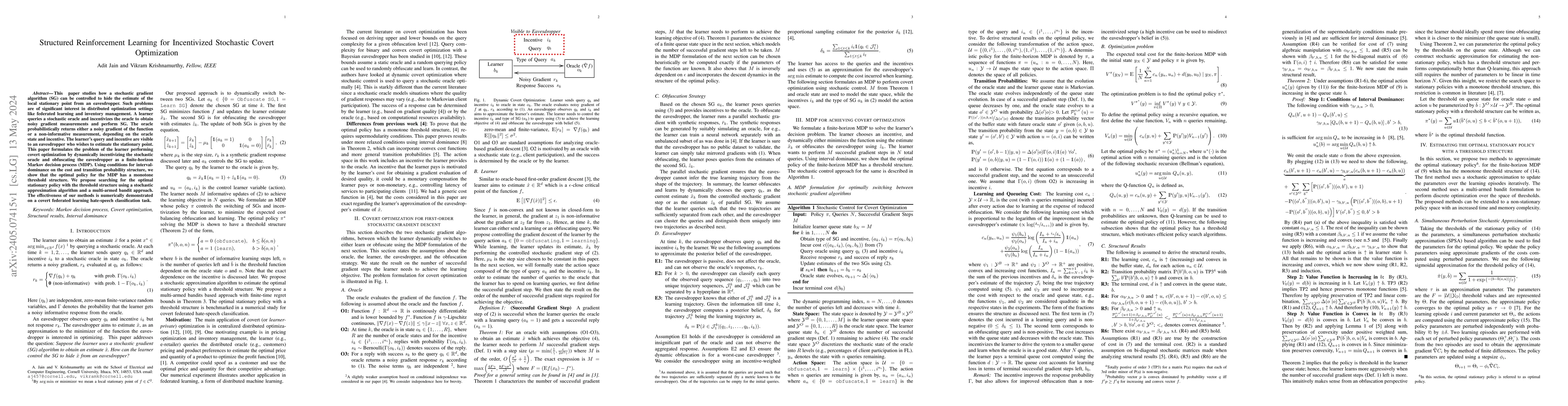 Thumbnail for Structured Reinforcement Learning for Incentivized Stochastic Covert
  Optimization