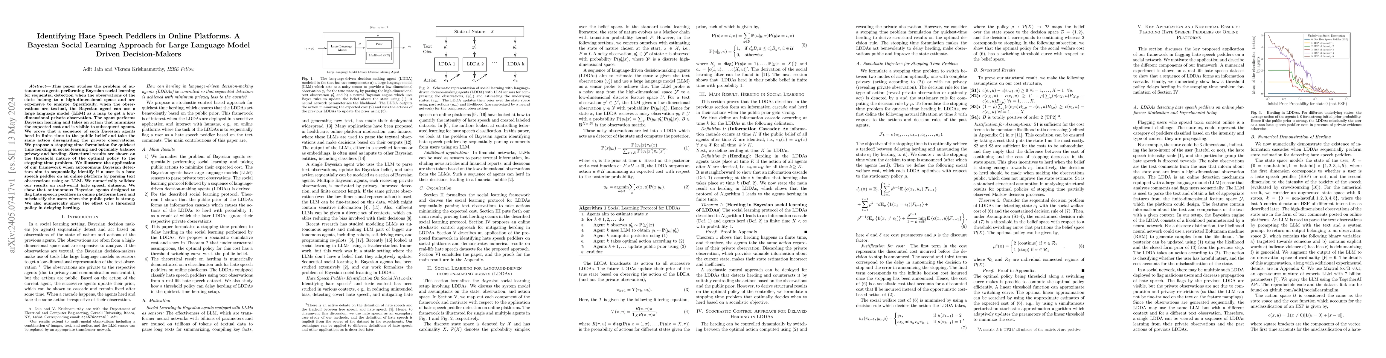 Thumbnail for Identifying Hate Speech Peddlers in Online Platforms. A Bayesian Social
  Learning Approach for Large Language Model Driven Decision-Makers