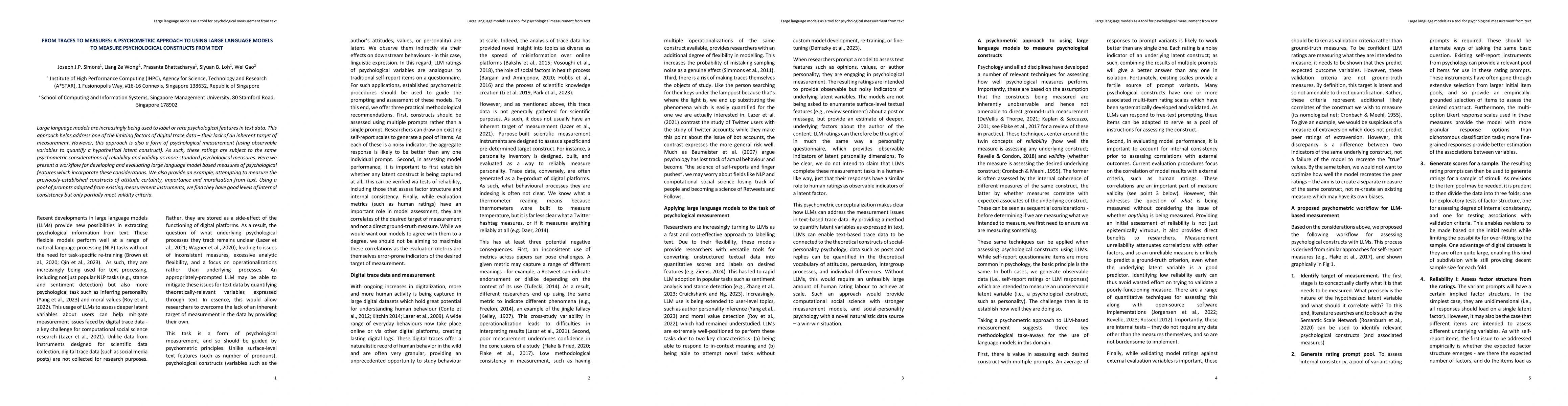 Thumbnail for From traces to measures: Large language models as a tool for
  psychological measurement from text