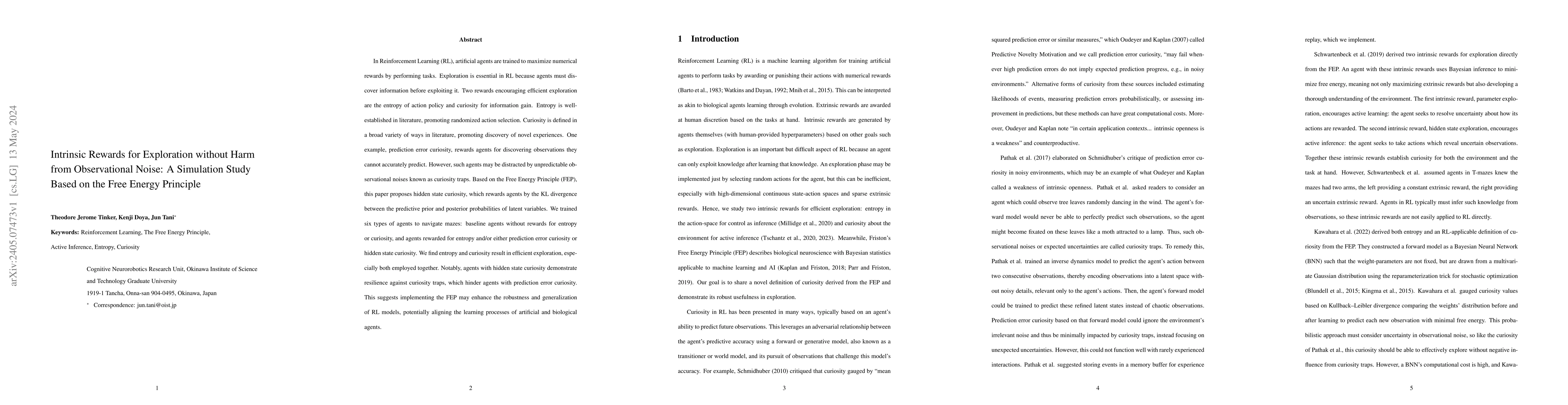 Thumbnail for Intrinsic Rewards for Exploration without Harm from Observational Noise:
  A Simulation Study Based on the Free Energy Principle