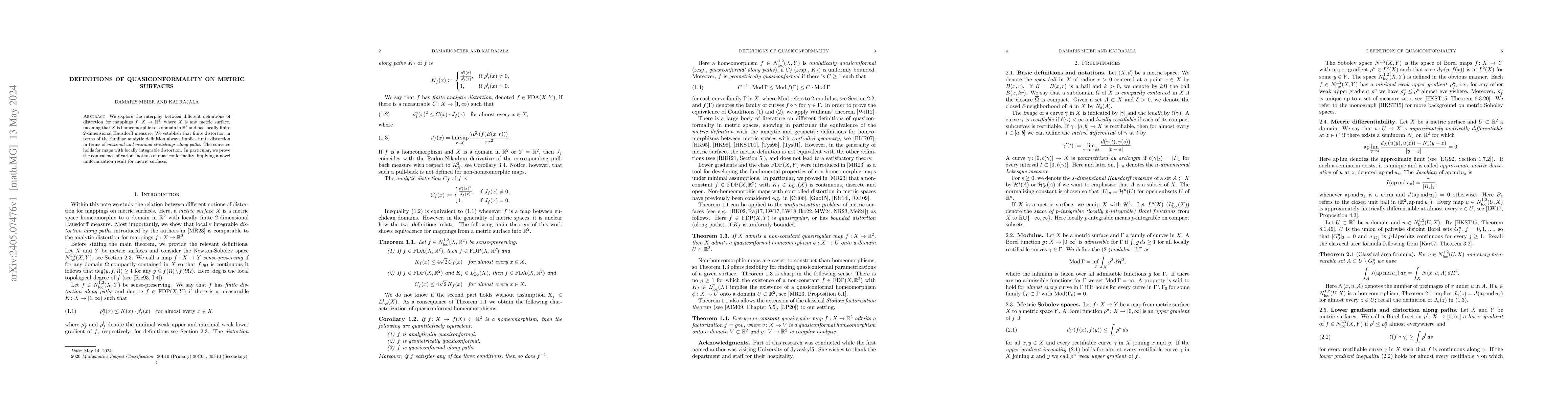 Thumbnail for Definitions of quasiconformality on metric surfaces