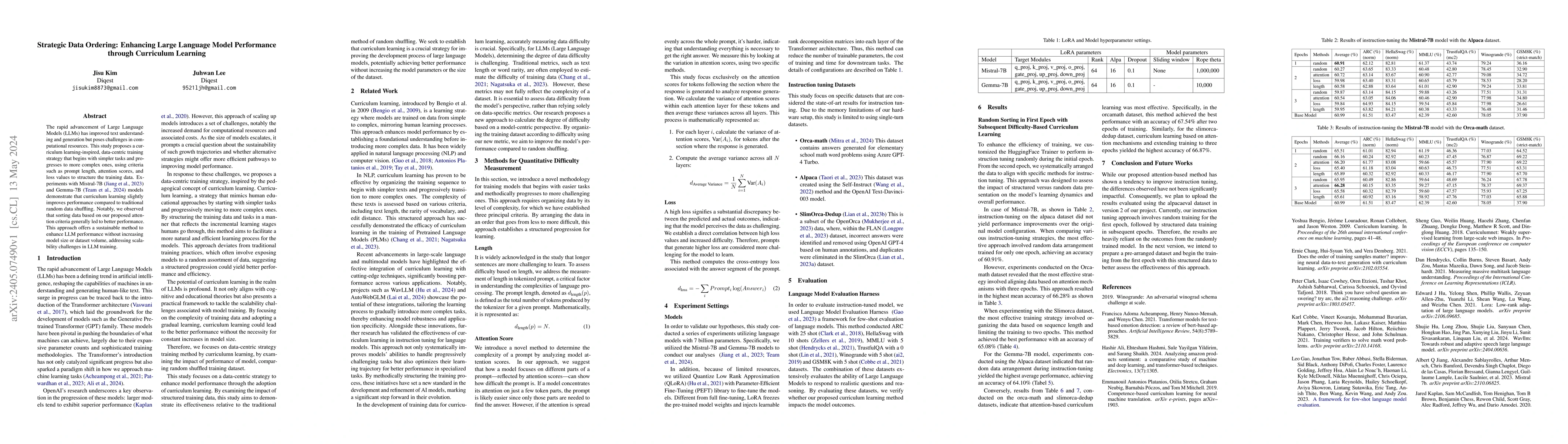 Thumbnail for Strategic Data Ordering: Enhancing Large Language Model Performance
  through Curriculum Learning