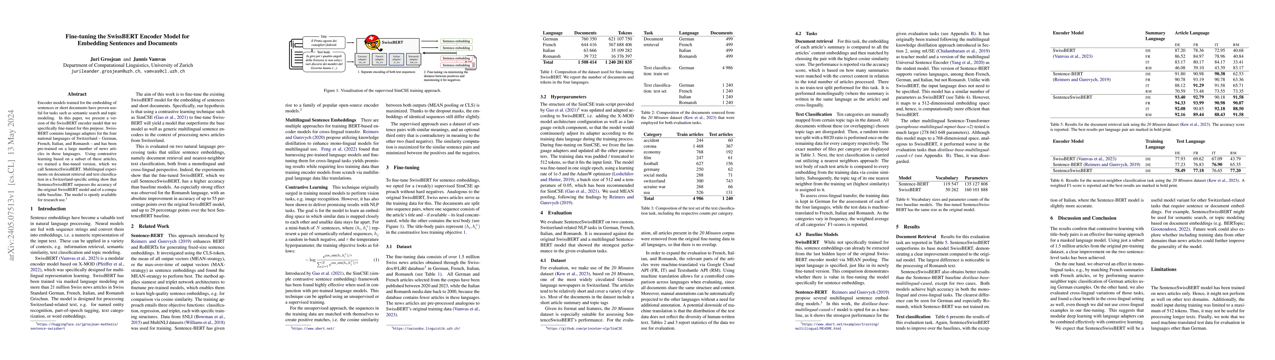 Thumbnail for Fine-tuning the SwissBERT Encoder Model for Embedding Sentences and
  Documents