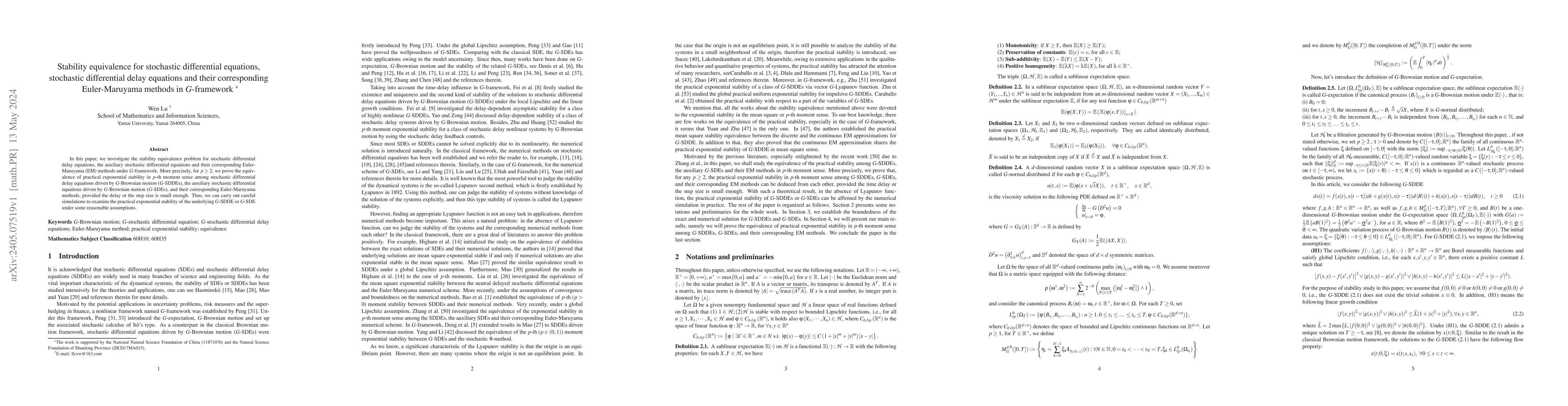 Thumbnail for Stability equivalence for stochastic differential equations, stochastic
  differential delay equations and their corresponding Euler-Maruyama methods
  in $G$-framework