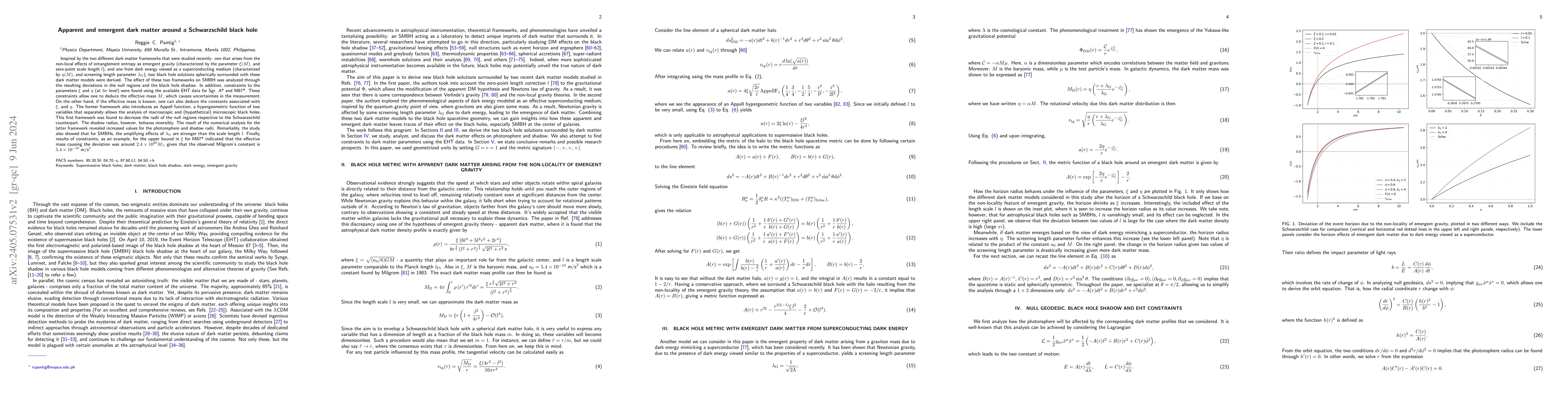 Thumbnail for Apparent and emergent dark matter around a Schwarzschild black hole