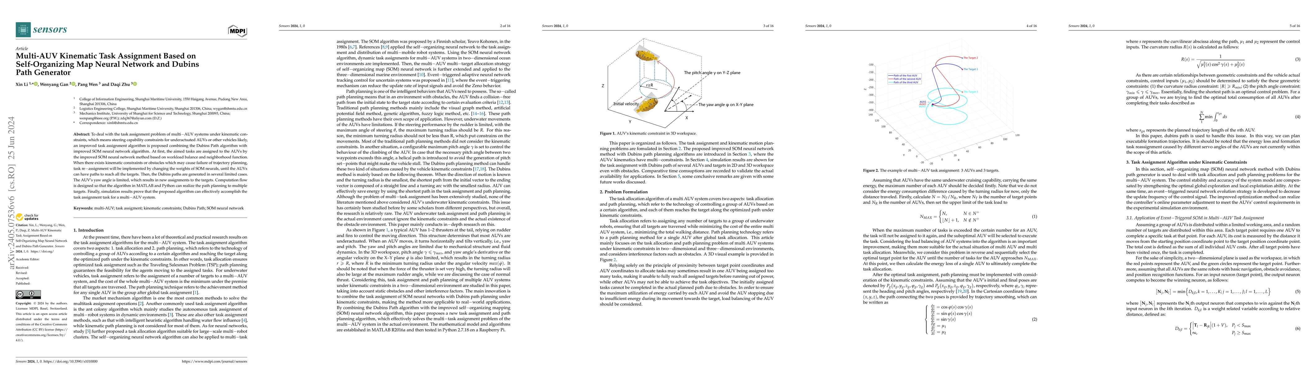 Thumbnail for Multi-AUV Kinematic Task Assignment based on Self-organizing Map Neural
  Network and Dubins Path Generator