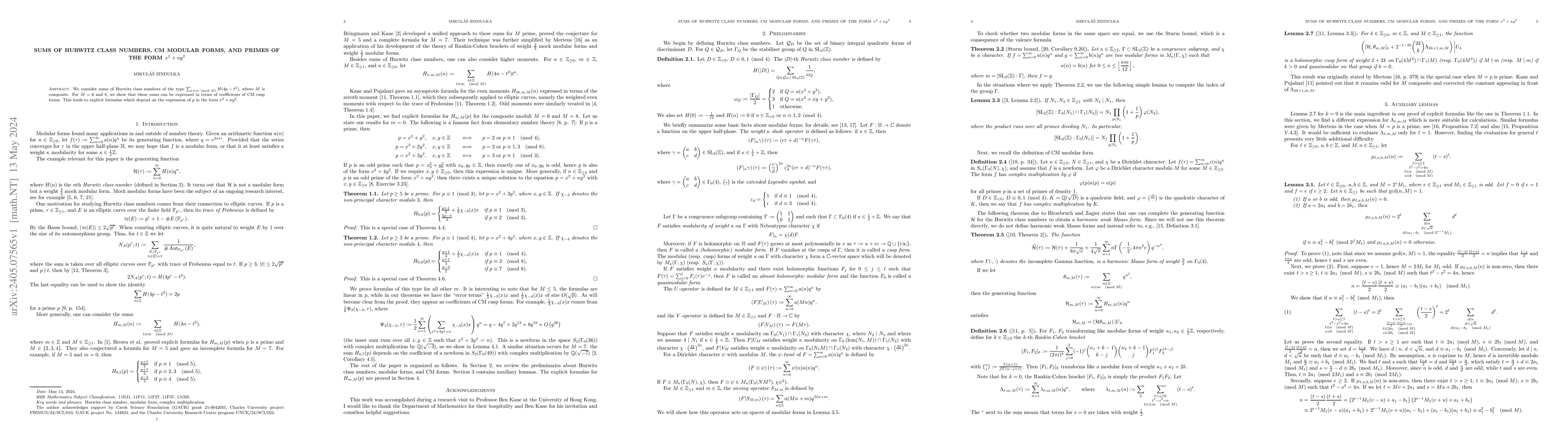 Thumbnail for Sums of Hurwitz class numbers, CM modular forms, and primes of the form
  $x^2+ny^2$