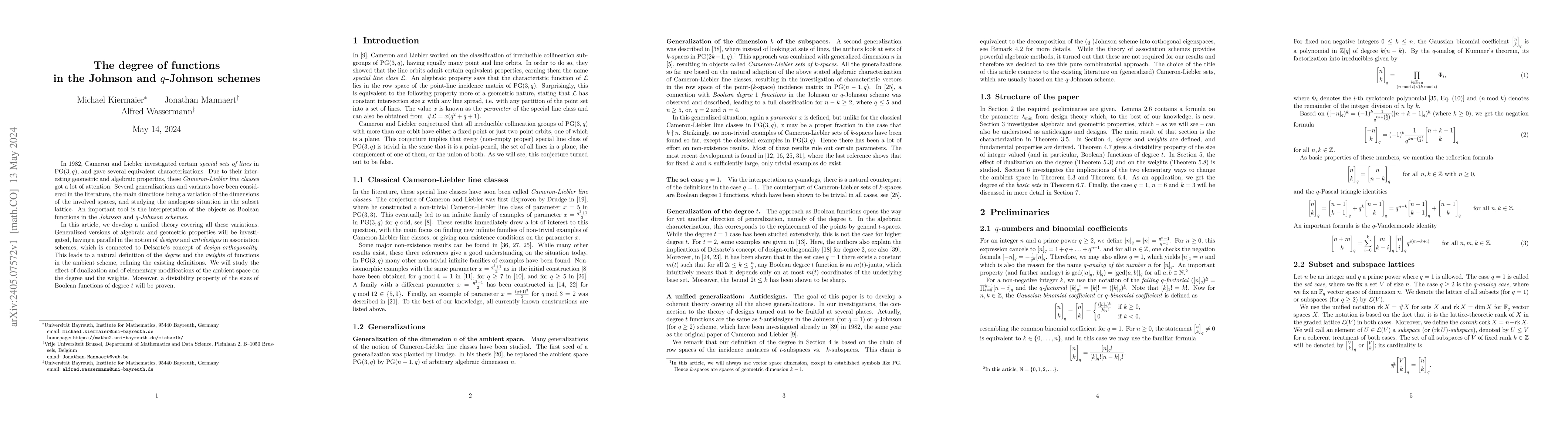 Thumbnail for The degree of functions in the Johnson and q-Johnson schemes