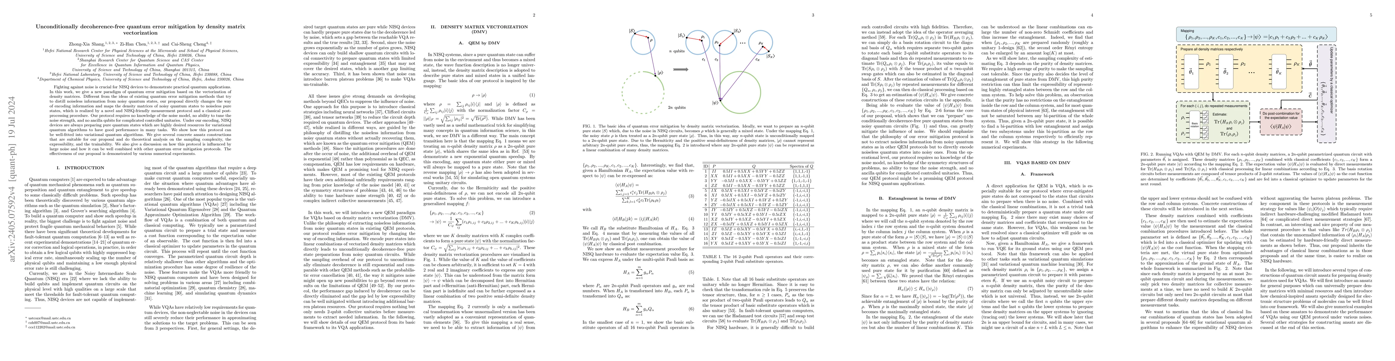 Thumbnail for Unconditionally decoherence-free quantum error mitigation by density
  matrix vectorization