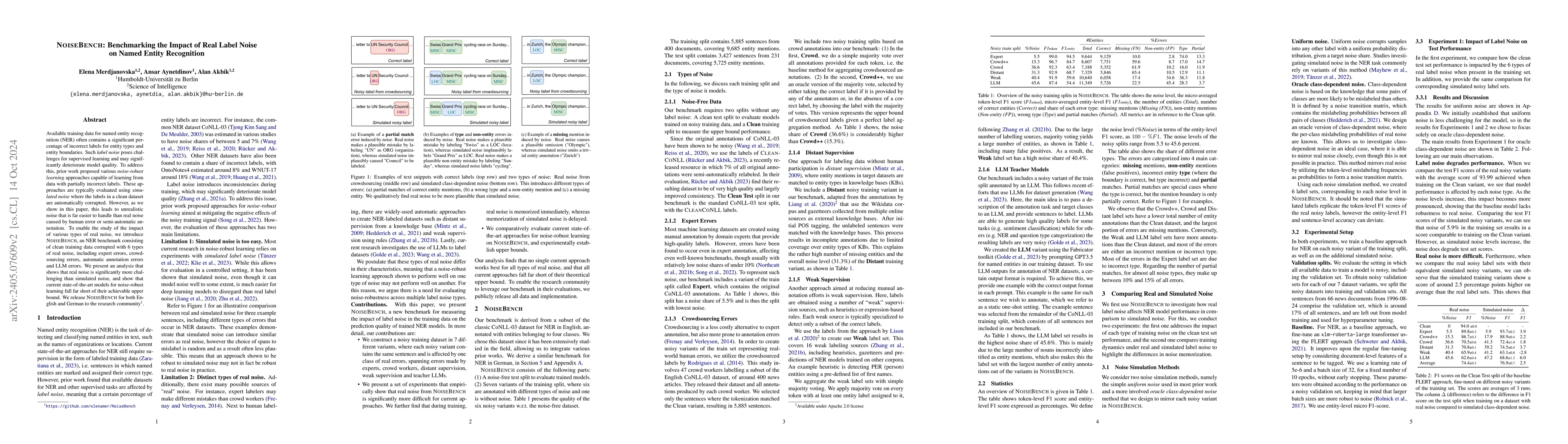 Thumbnail for NoiseBench: Benchmarking the Impact of Real Label Noise on Named Entity
  Recognition