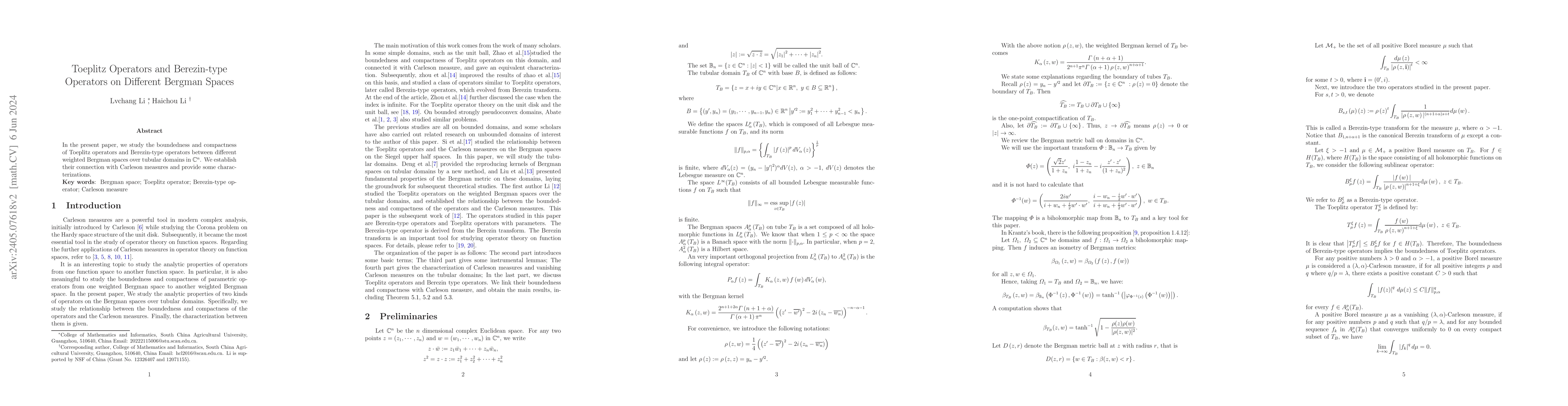 Thumbnail for Toeplitz Operators and Berezin-type Operators on Different Bergman
  Spaces