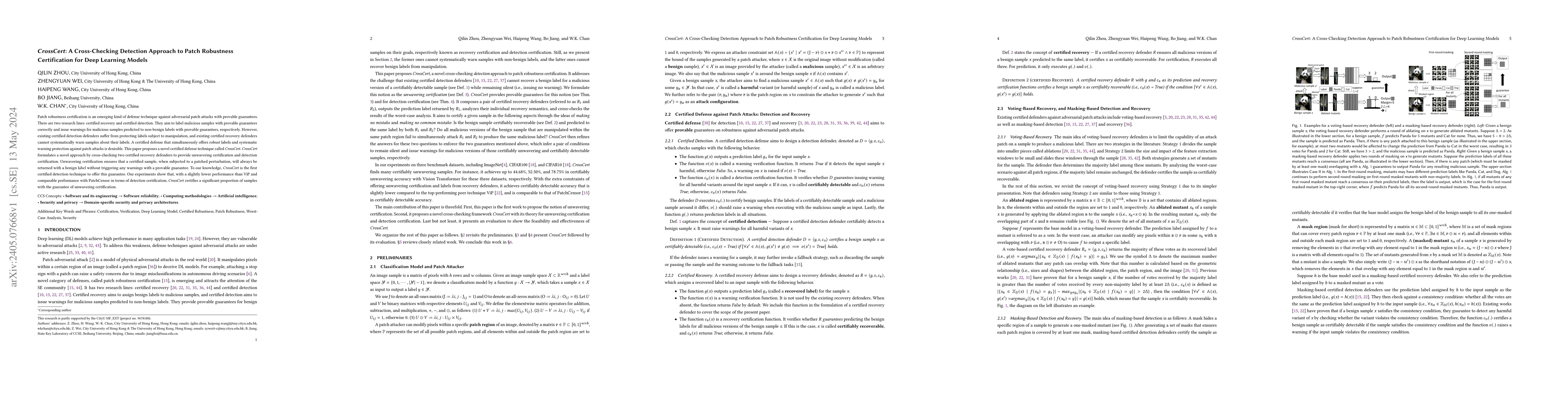 Thumbnail for CrossCert: A Cross-Checking Detection Approach to Patch Robustness
  Certification for Deep Learning Models