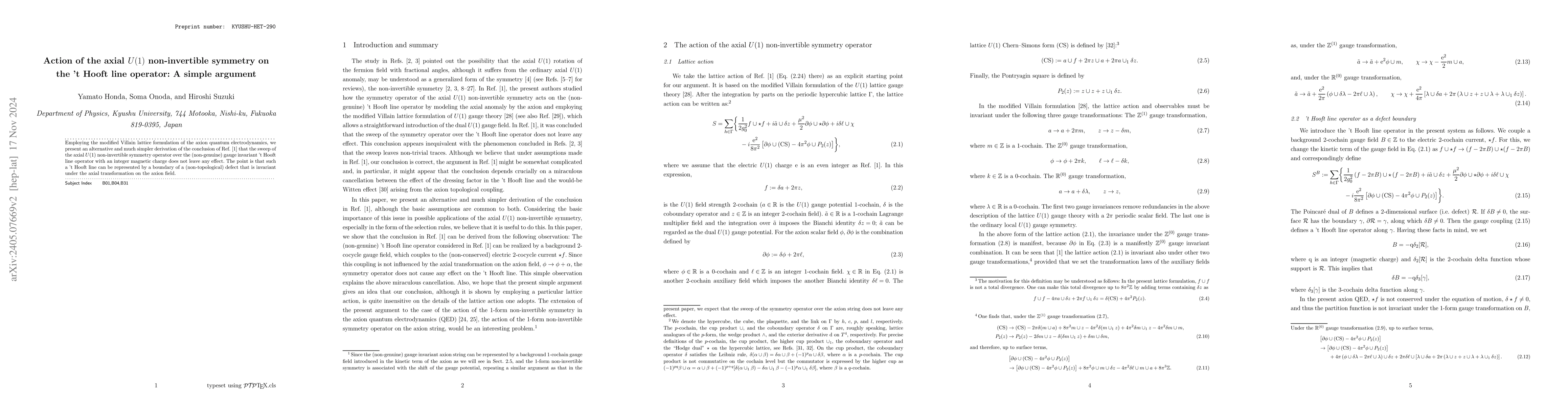 Thumbnail for Action of the axial $U(1)$ non-invertible symmetry on the 't~Hooft line
  operator: A simple argument