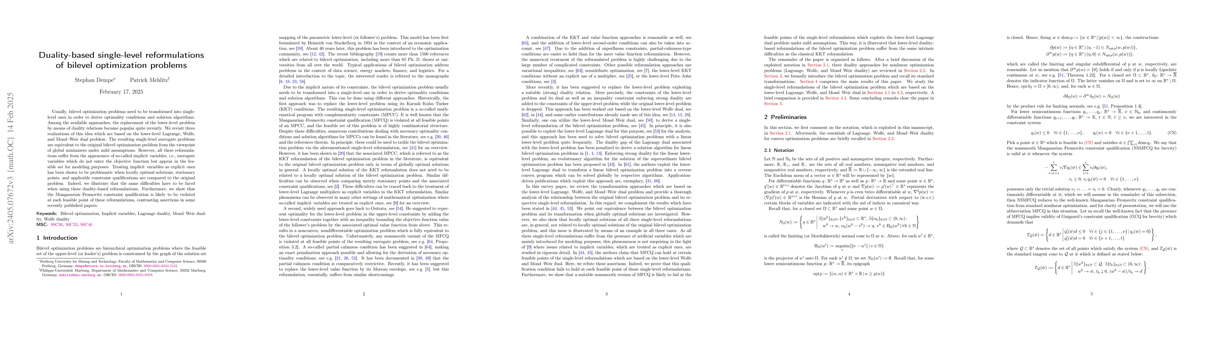 Thumbnail for Duality-based single-level reformulations of bilevel optimization
  problems