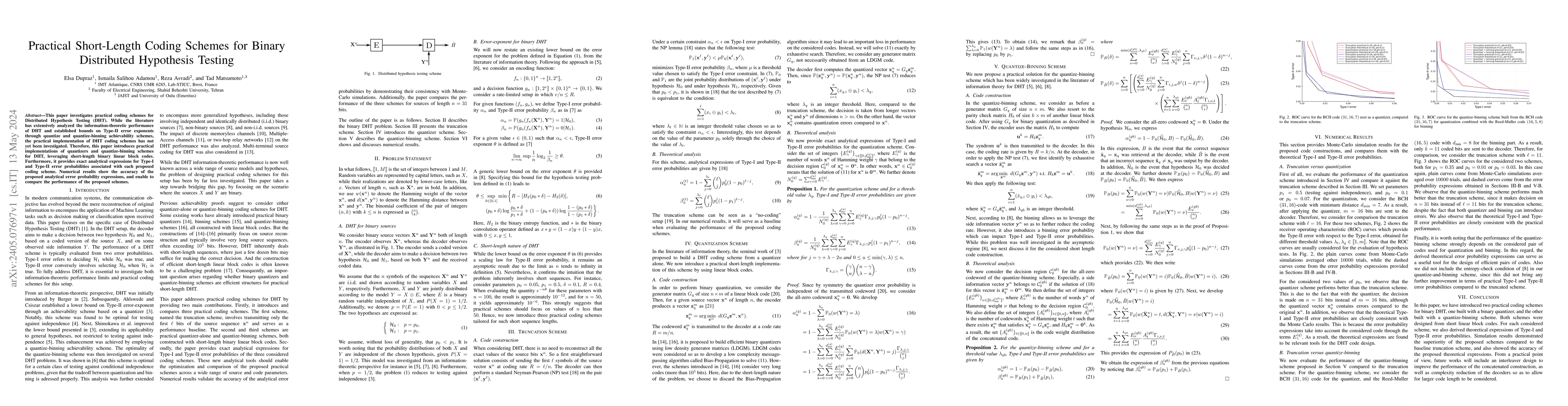 Thumbnail for Practical Short-Length Coding Schemes for Binary Distributed Hypothesis
  Testing