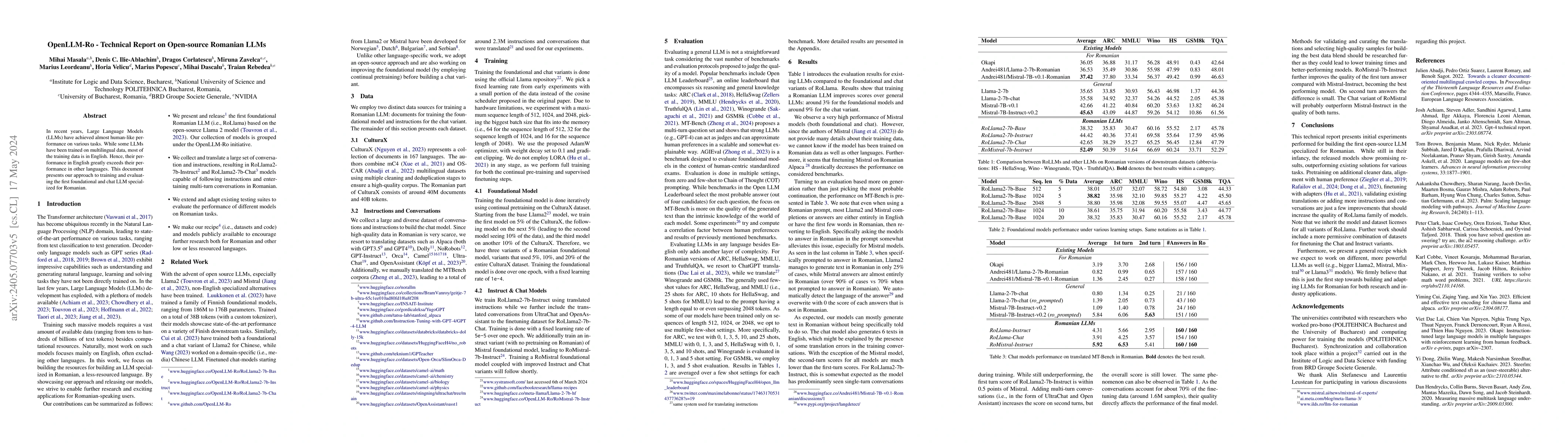 Thumbnail for OpenLLM-Ro -- Technical Report on Open-source Romanian LLMs