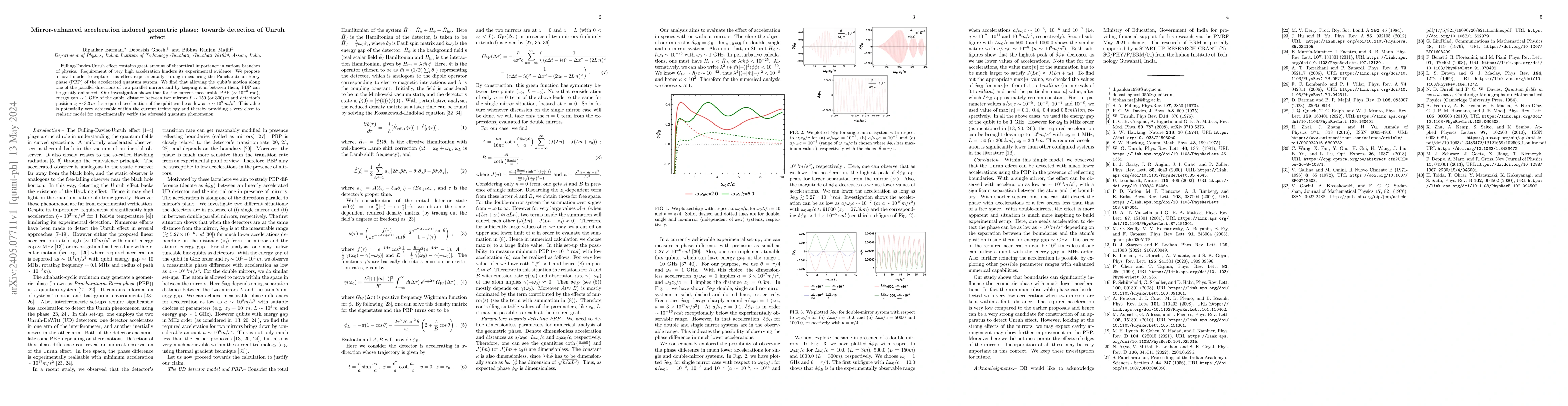 Thumbnail for Mirror-enhanced acceleration induced geometric phase: towards detection
  of Unruh effect