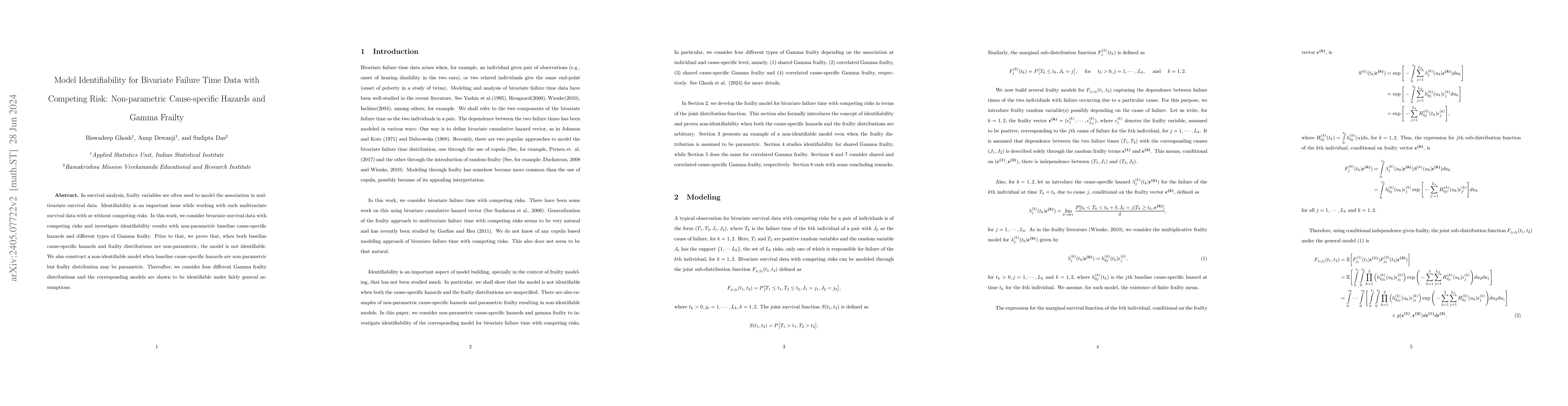 Thumbnail for Model Identifiability for Bivariate Failure Time Data with Competing
  Risk: Non-parametric Cause-specific Hazards and Gamma Frailty