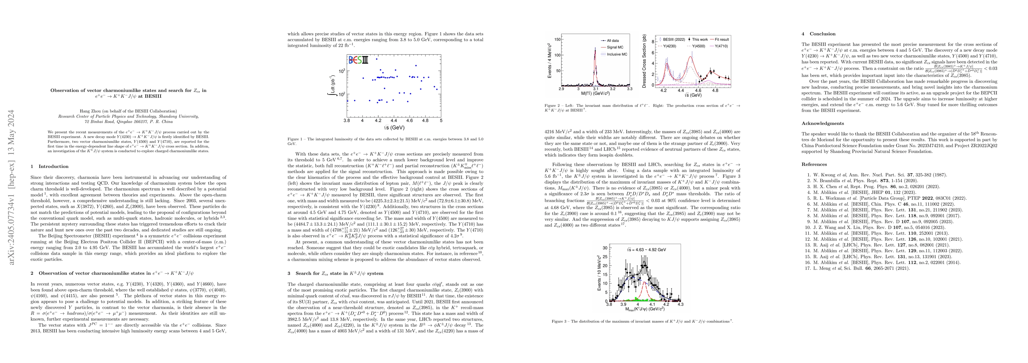 Thumbnail for Observation of vector charmoniumlike states and search for $Z_{cs}$ in
  $e^+ e^- \to K^+ K^- J/\psi$ at BESIII