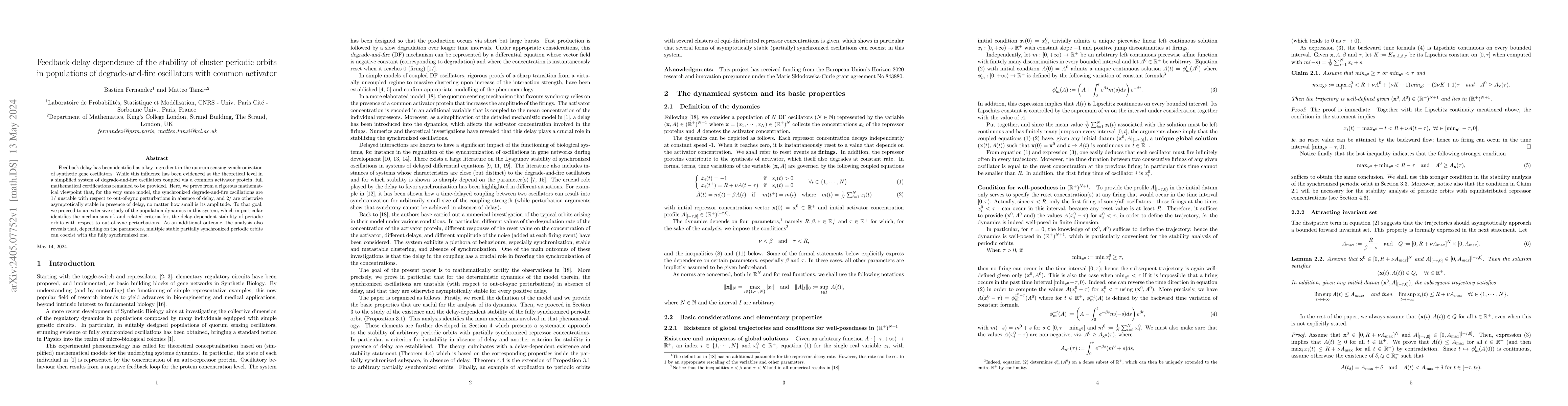 Thumbnail for Feedback-delay dependence of the stability of cluster periodic orbits in
  populations of degrade-and-fire oscillators with common activator