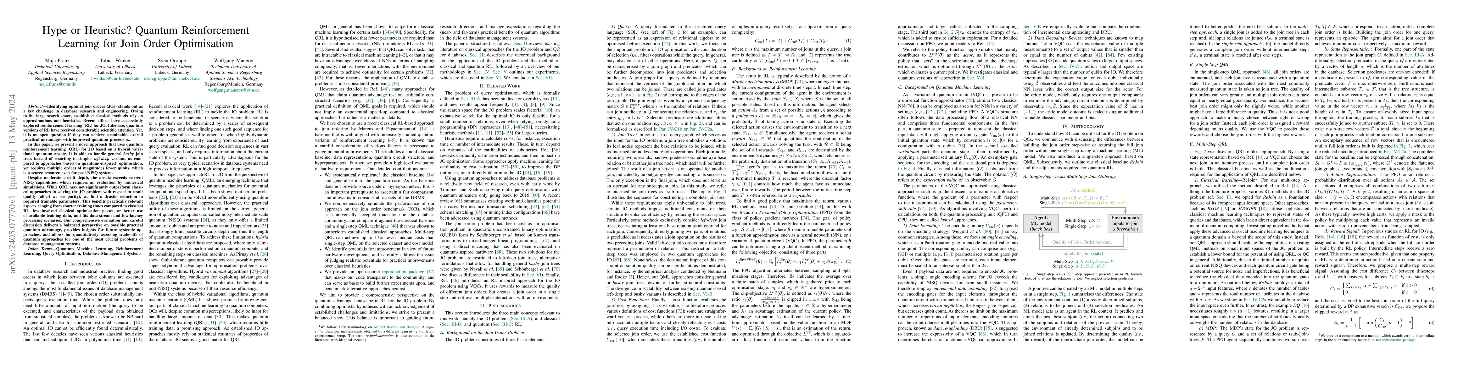 Thumbnail for Hype or Heuristic? Quantum Reinforcement Learning for Join Order
  Optimisation