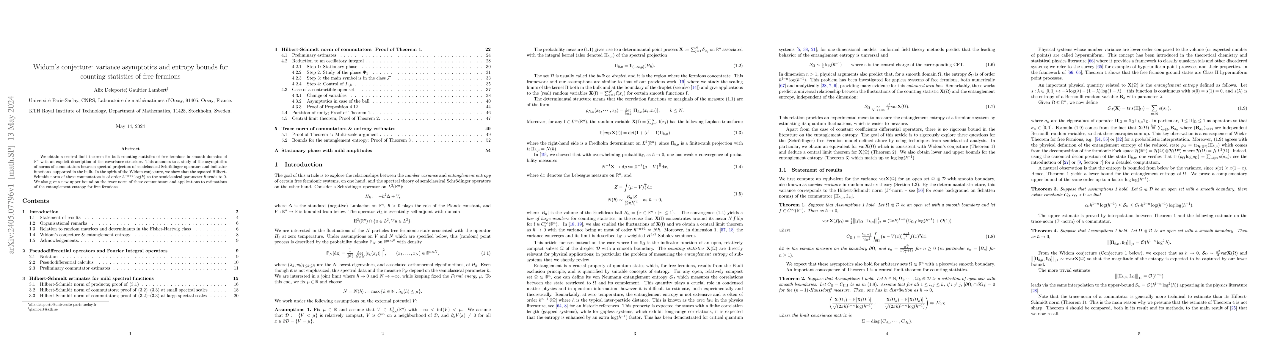 Thumbnail for Widom's conjecture: variance asymptotics and entropy bounds for counting
  statistics of free fermions