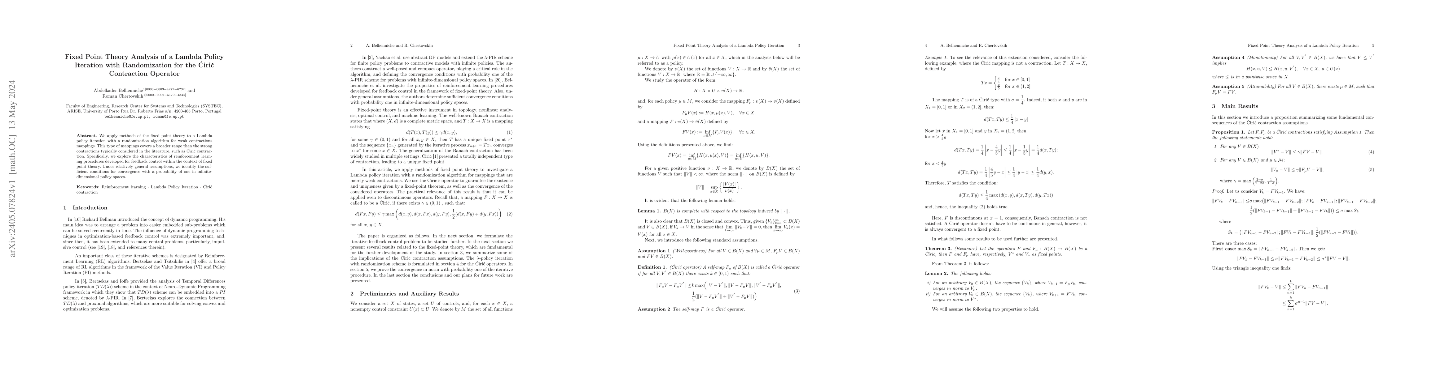 Thumbnail for Fixed Point Theory Analysis of a Lambda Policy Iteration with
  Randomization for the \'Ciri\'c Contraction Operator