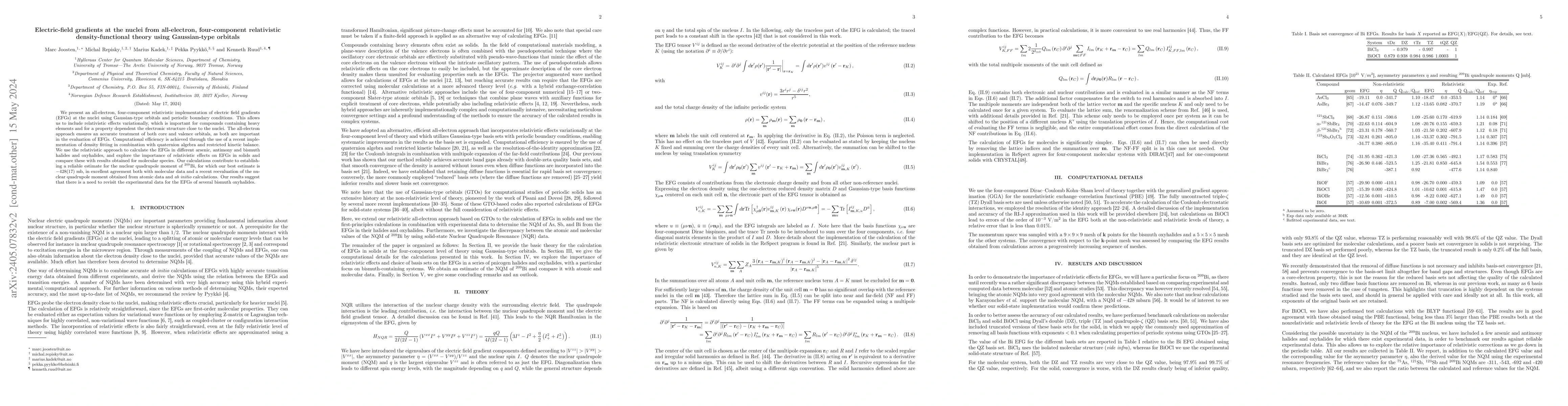Thumbnail for Electric-field gradients at the nuclei from all-electron, four-component
  relativistic density-functional theory using Gaussian-type orbitals
