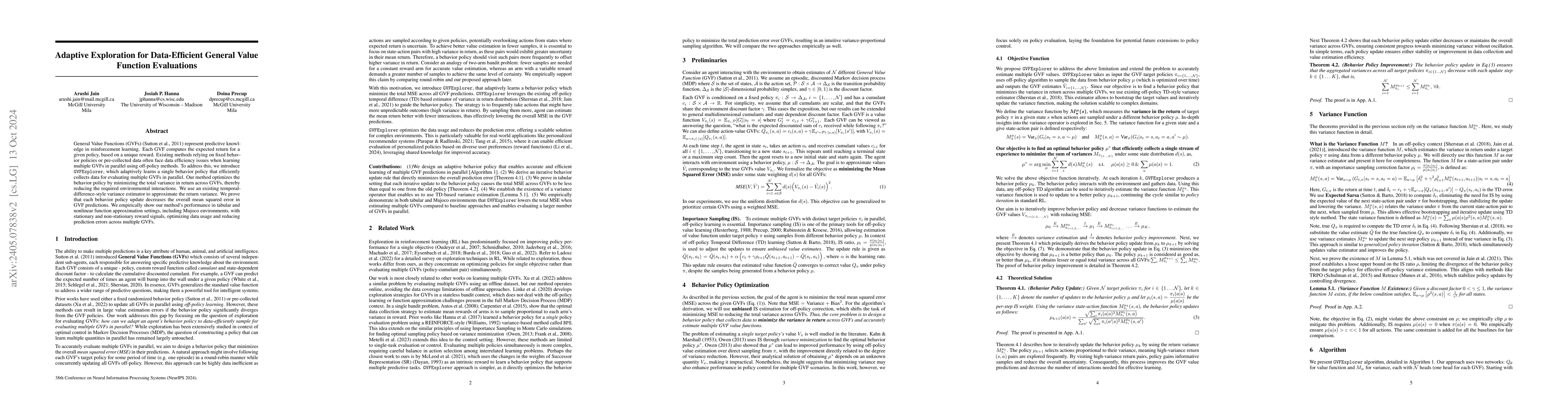 Thumbnail for Adaptive Exploration for Data-Efficient General Value Function
  Evaluations