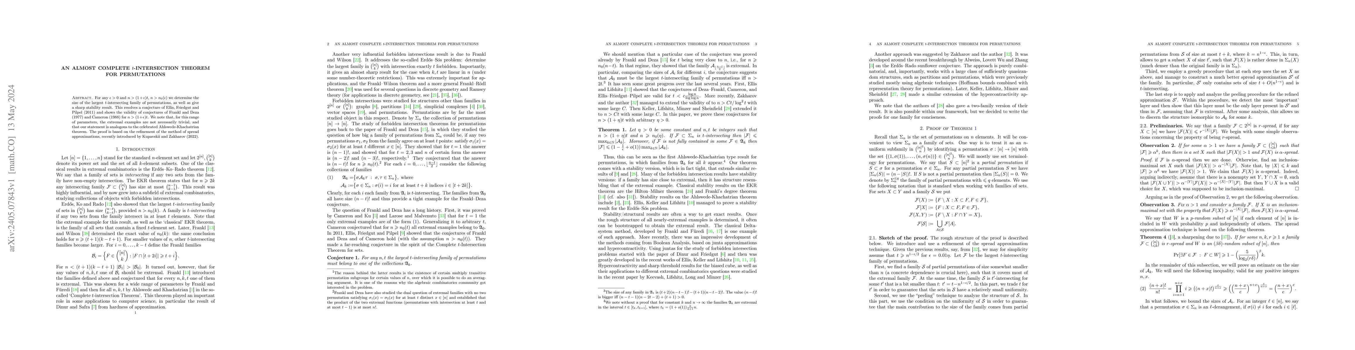 Thumbnail for An almost complete $t$-intersection theorem for permutations