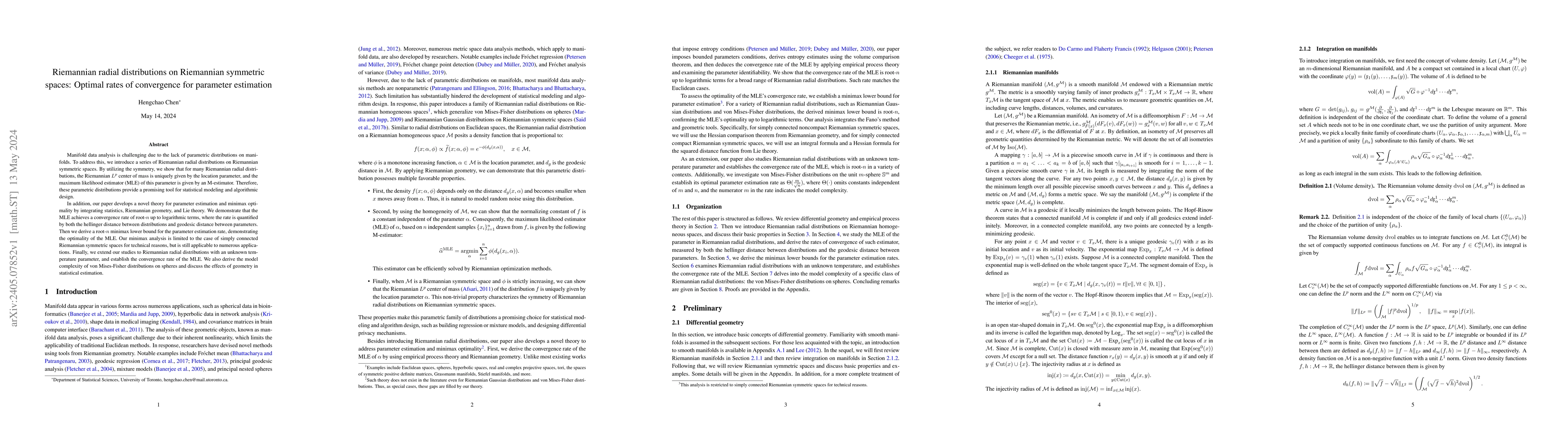 Thumbnail for Riemannian radial distributions on Riemannian symmetric spaces: Optimal
  rates of convergence for parameter estimation