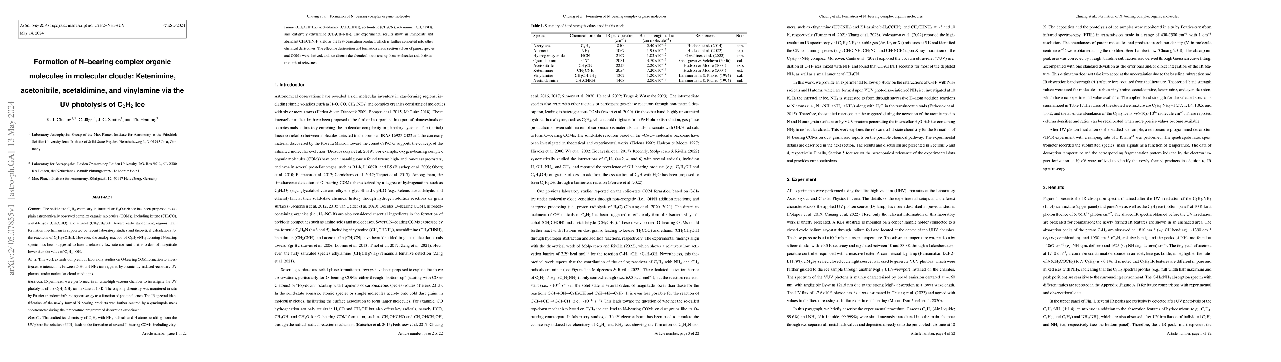 Thumbnail for Formation of N-bearing complex organic molecules in molecular clouds:
  Ketenimine, acetonitrile, acetaldimine, and vinylamine via the UV photolysis
  of C$_2$H$_2$ ice