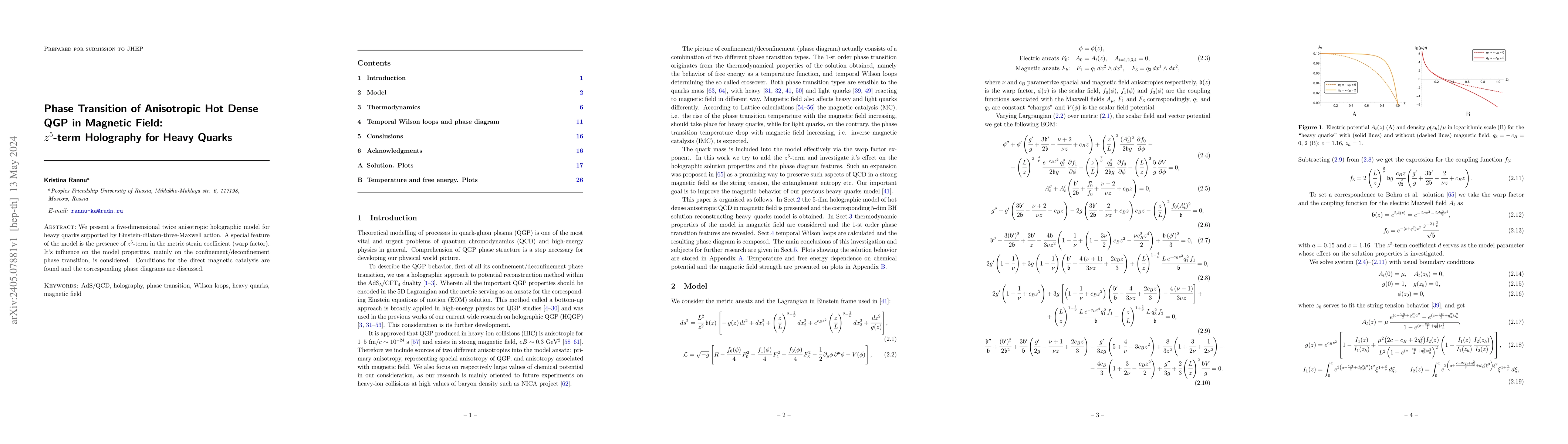 Thumbnail for Phase Transition of Anisotropic Hot Dense QGP in Magnetic Field:
  $z^5$-term Holography for Heavy Quarks