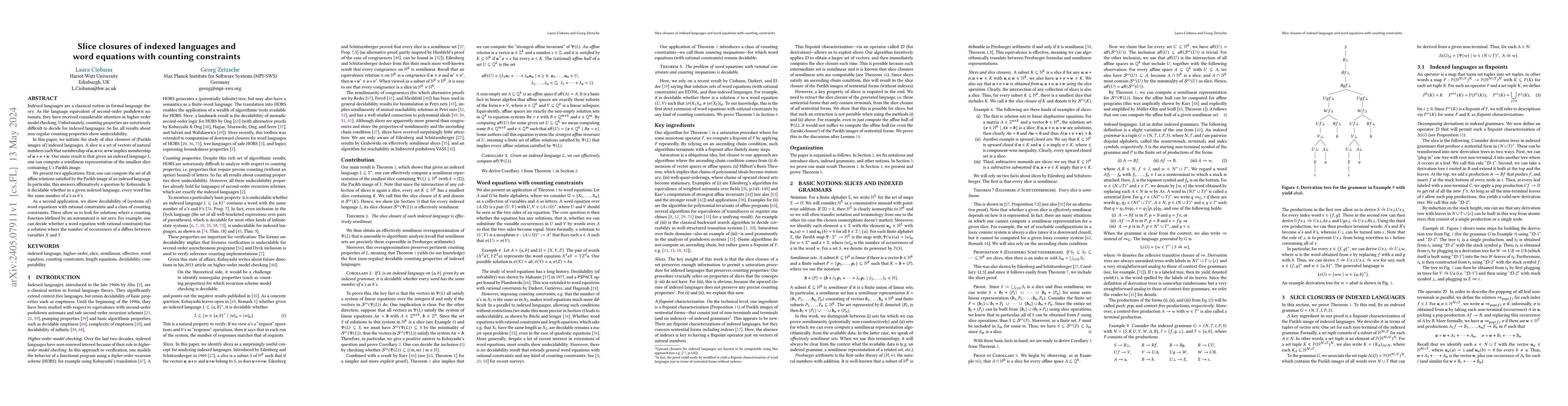 Thumbnail for Slice closures of indexed languages and word equations with counting
  constraints