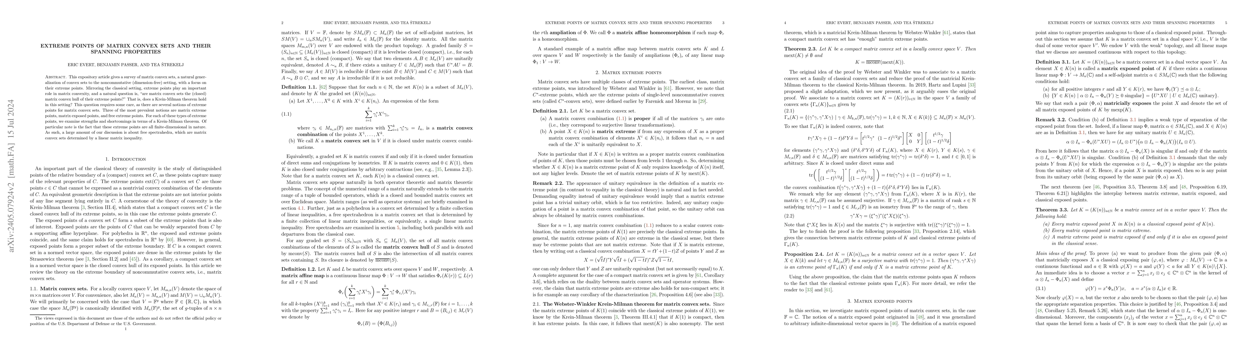 Thumbnail for Extreme points of matrix convex sets and their spanning properties