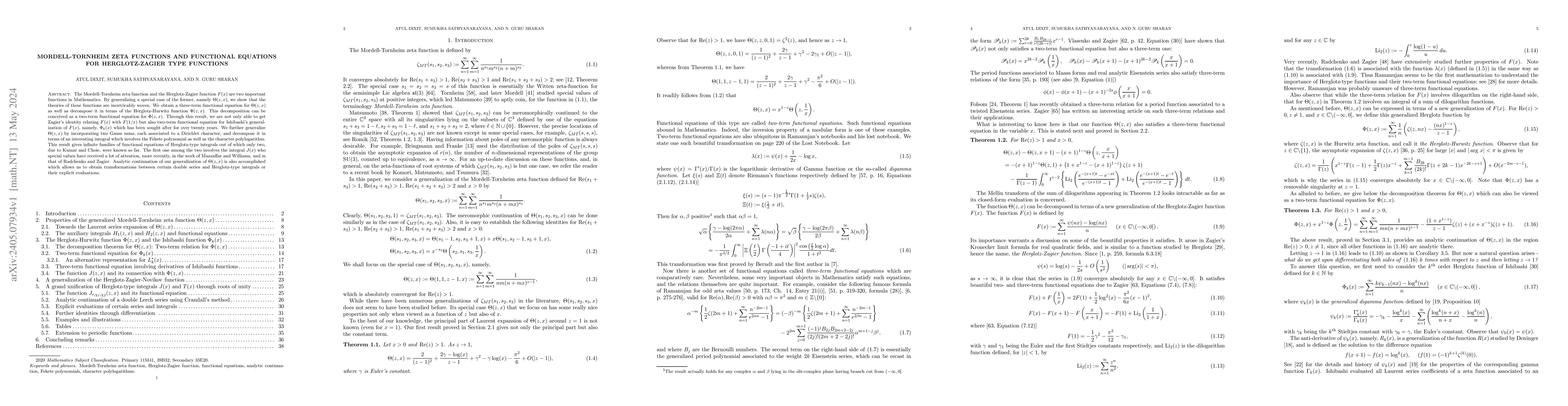 Thumbnail for Mordell-Tornheim zeta functions and functional equations for
  Herglotz-Zagier type functions