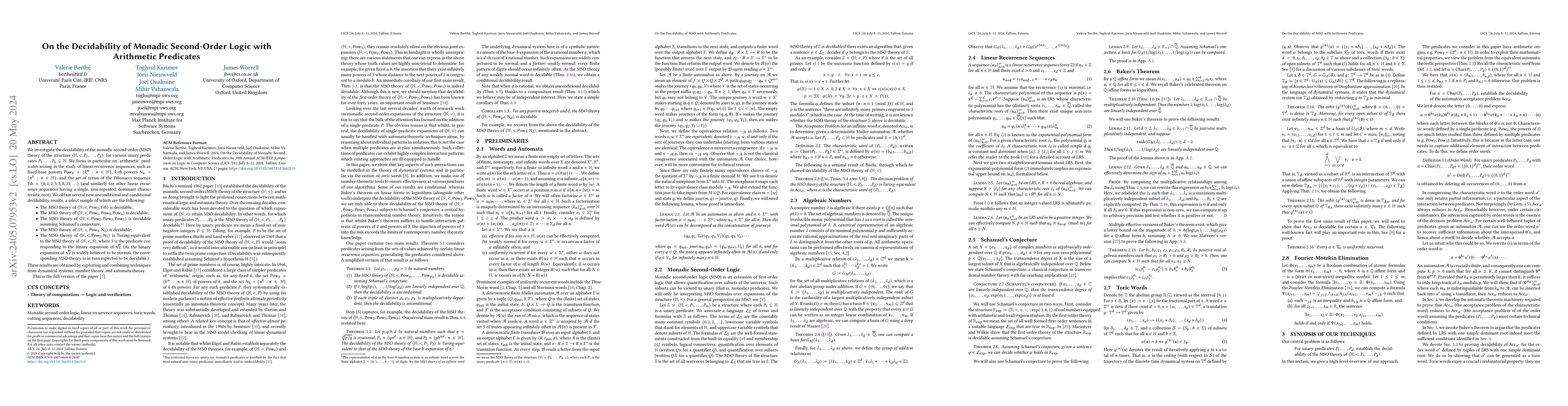 Thumbnail for On the Decidability of Monadic Second-Order Logic with Arithmetic
  Predicates
