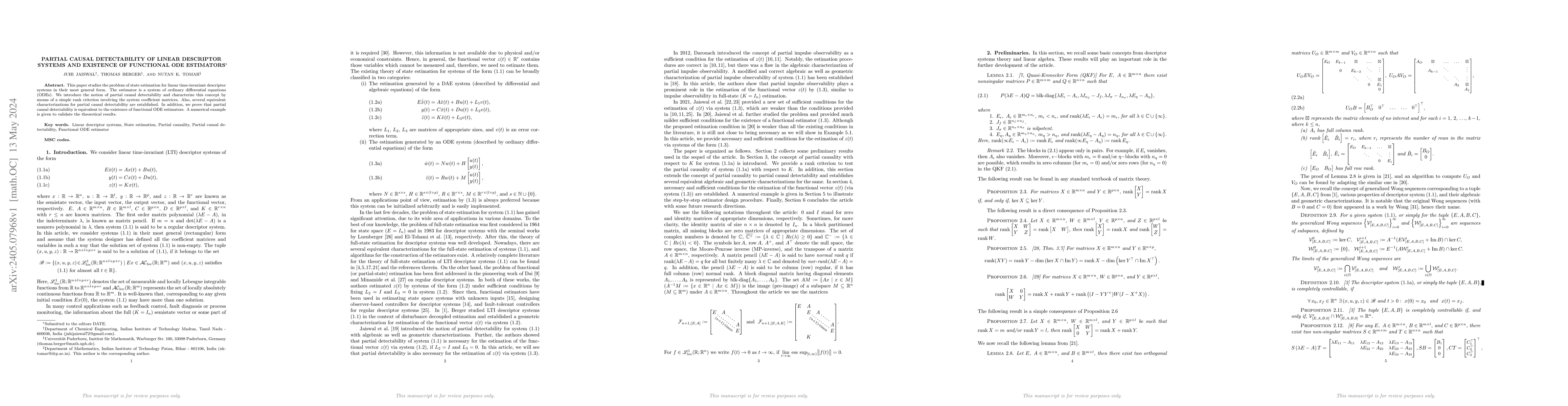 Thumbnail for Partial Causal Detectability of Linear Descriptor Systems and Existence
  of Functional ODE Estimators