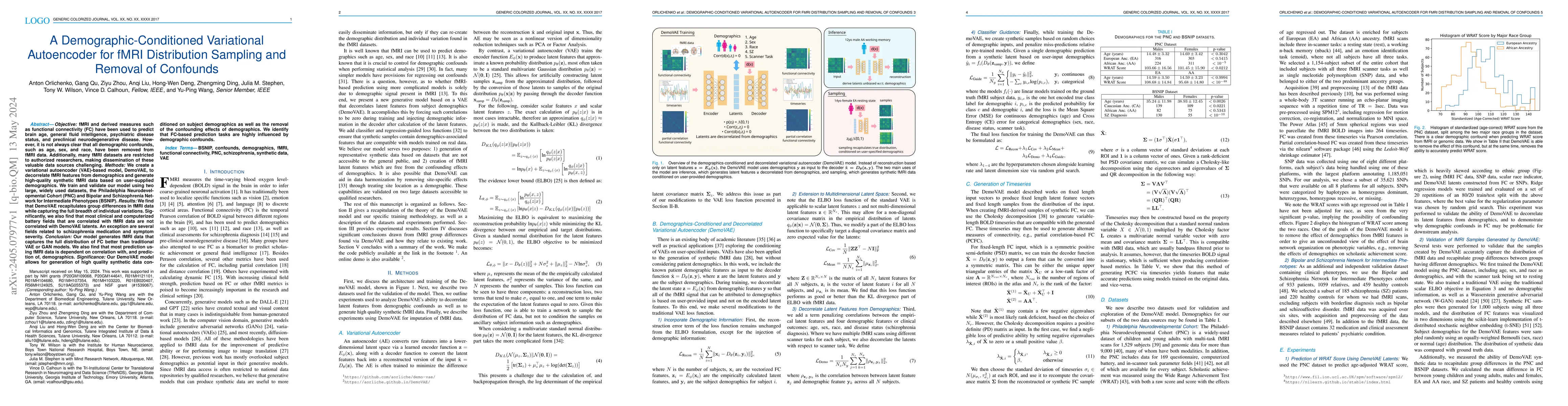 Thumbnail for A Demographic-Conditioned Variational Autoencoder for fMRI Distribution
  Sampling and Removal of Confounds