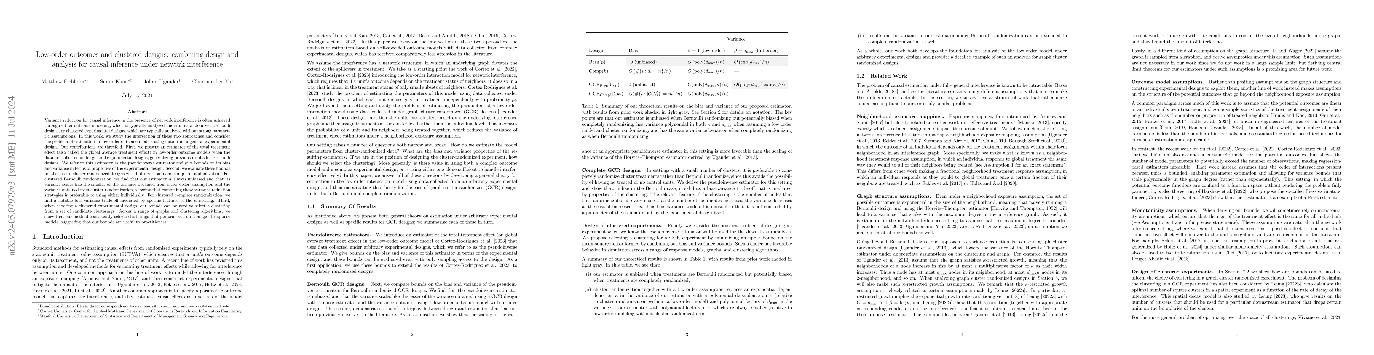 Thumbnail for Low-order outcomes and clustered designs: combining design and analysis
  for causal inference under network interference