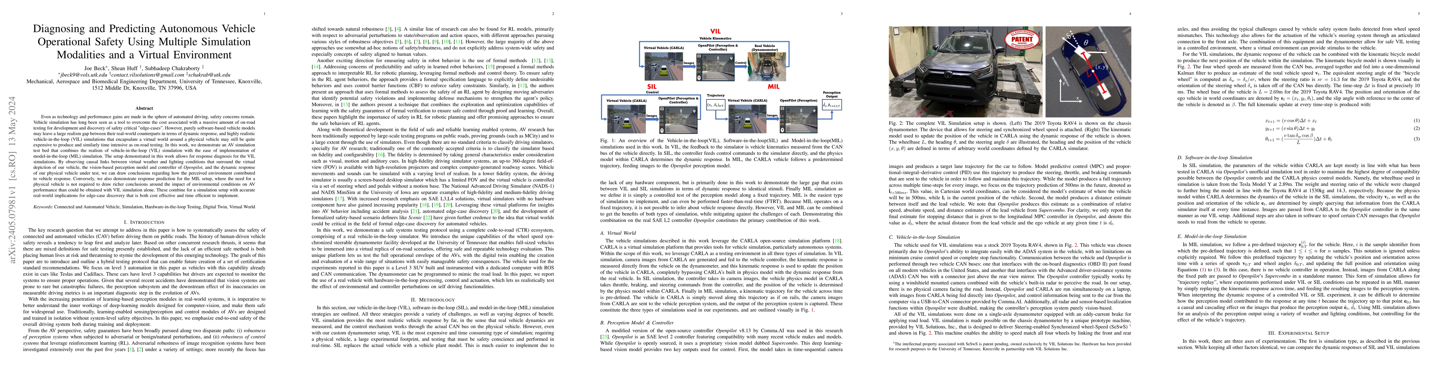 Thumbnail for Diagnosing and Predicting Autonomous Vehicle Operational Safety Using
  Multiple Simulation Modalities and a Virtual Environment