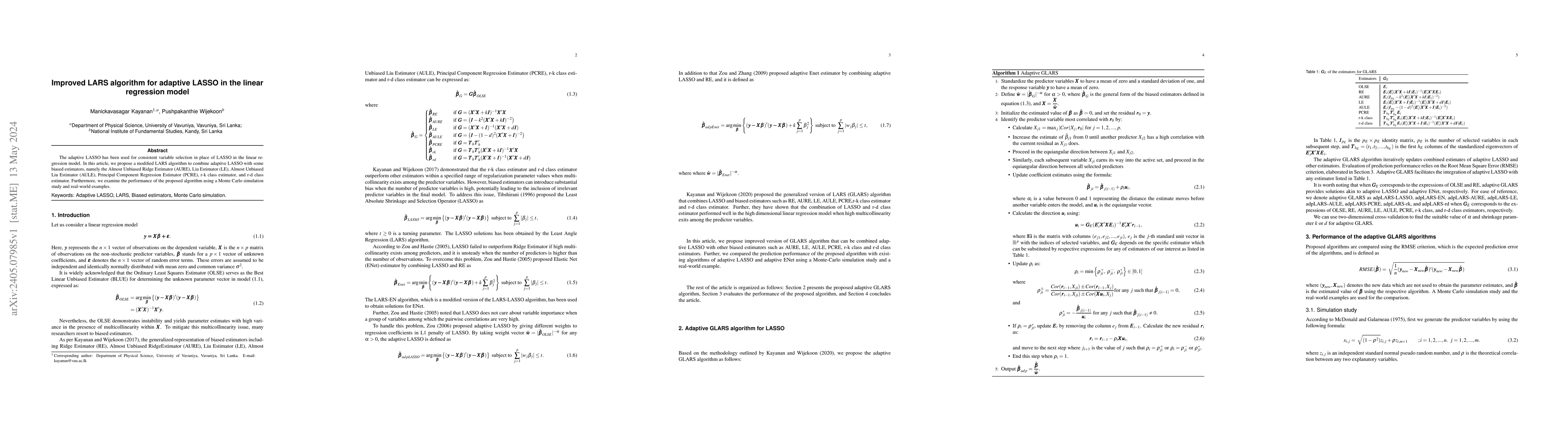 Thumbnail for Improved LARS algorithm for adaptive LASSO in the linear regression
  model